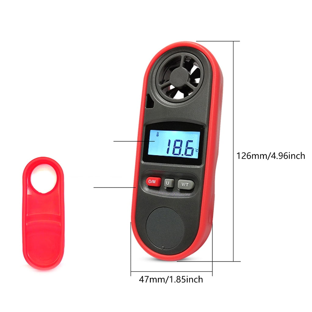 Ein rot-schwarzes Handanemometer zeigt 18,6 Grad an. Links befindet sich eine rote Schutzhülle. Abmessungen sind angegeben.