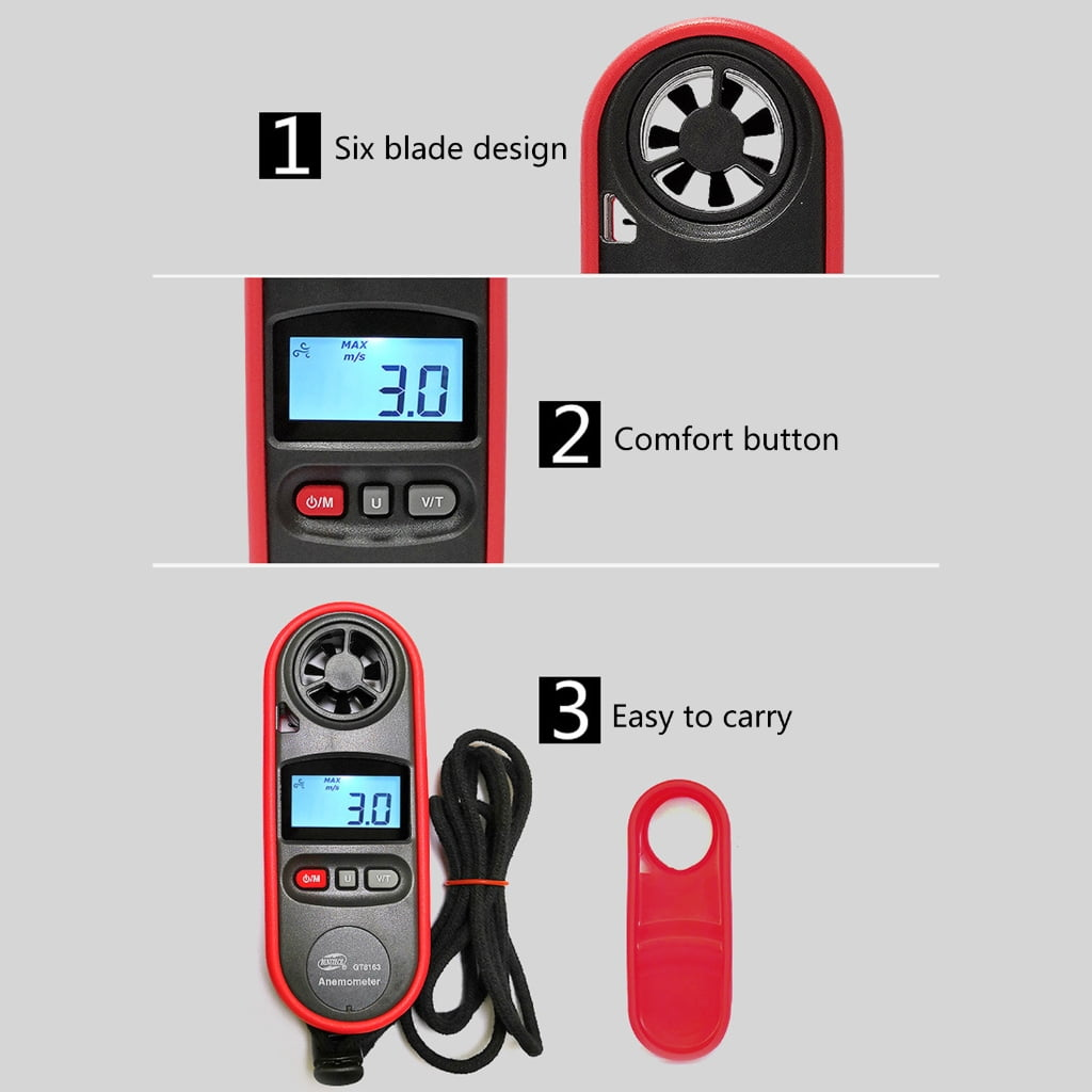 Anemometer mit Digitalanzeige. Verfügt über sechs Klingen, eine Komforttaste und ist leicht zu transportieren. Inklusive schwarzem Kabel und rotem Gehäuse.
