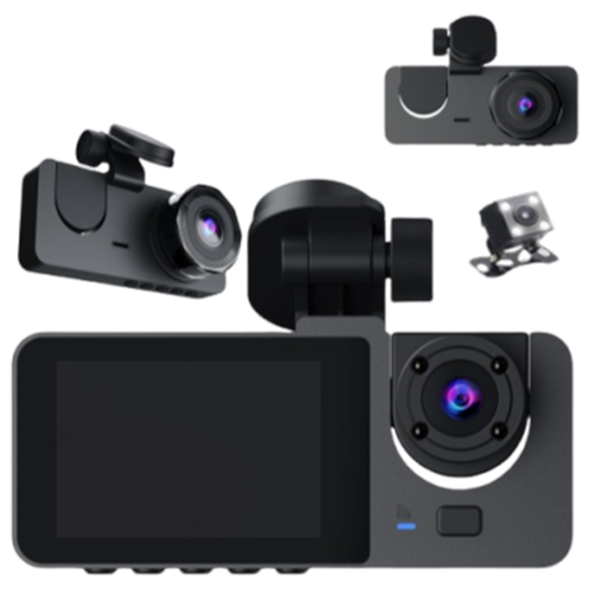 Gezeigt werden mehrere schwarze Auto-Dashcams. Eine hat einen Bildschirm, eine andere ein Objektiv. Das Bild zeigt verschiedene Winkel und Designs.