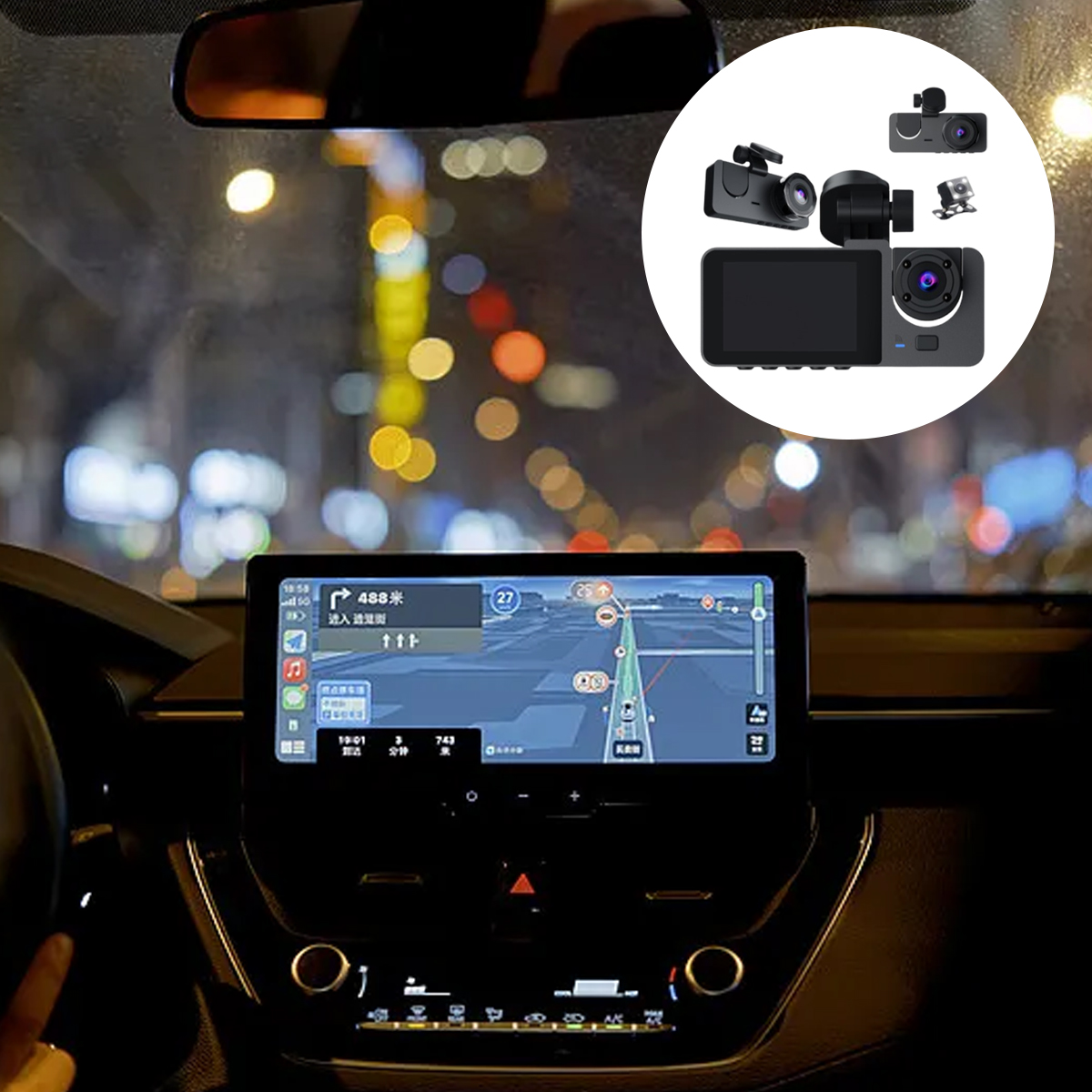 Autoinnenraum mit Navigationsbildschirm, Dashcam und verschwommenen Stadtlichtern im Hintergrund. Dashcam wird in einem Kreis gezeigt.