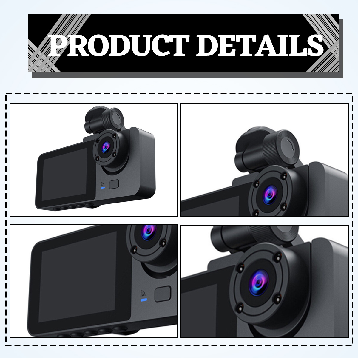 Ein Produktdetailbild zeigt eine schwarze Armaturenbrettkamera mit Bildschirm und Objektiv. Der Hintergrund ist weiß. Text PRODUKT DETAILS steht oben.