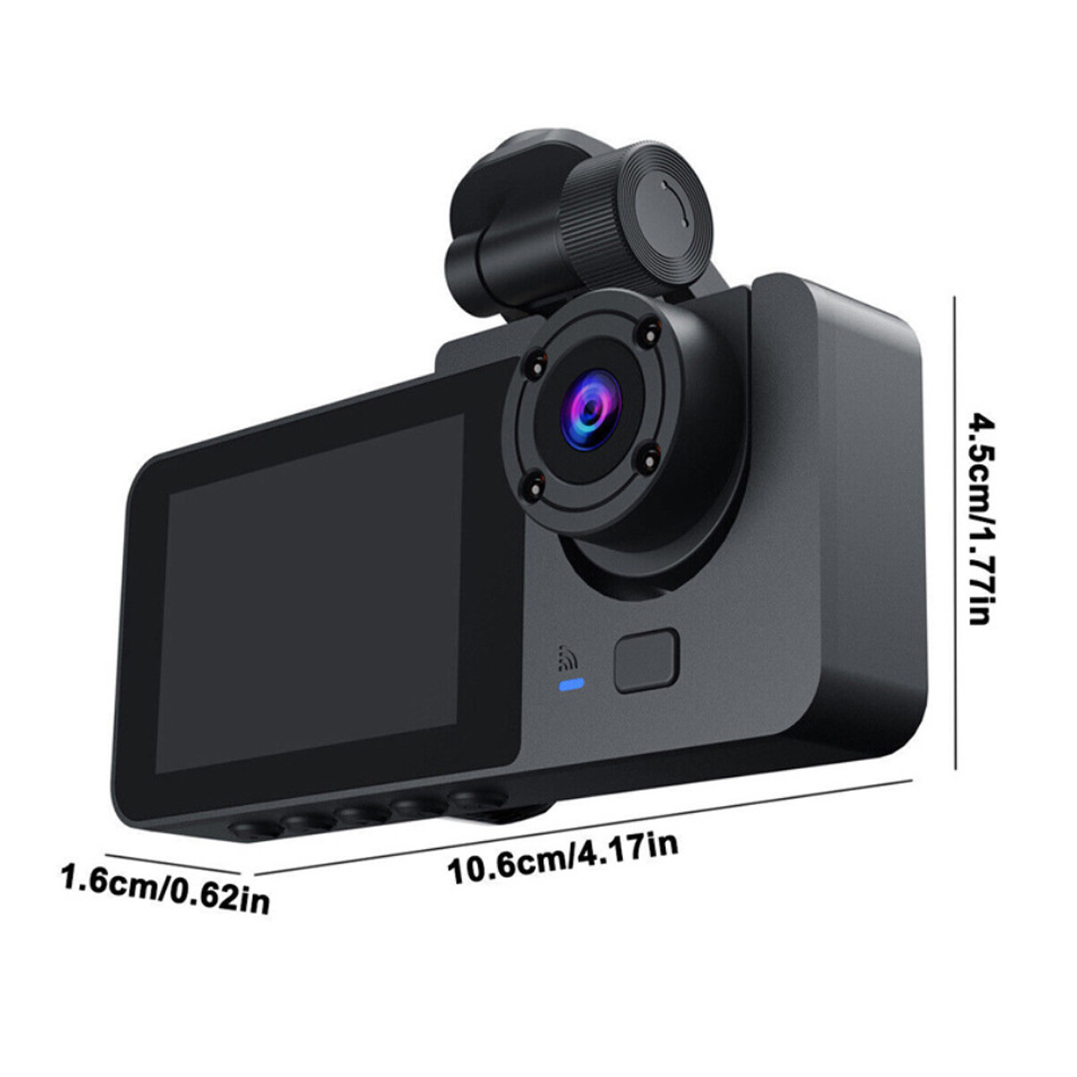 Eine schwarze Dashcam mit Bildschirm, Objektiv und Knöpfen. Abmessungen sind angegeben. Auf weißem Hintergrund.