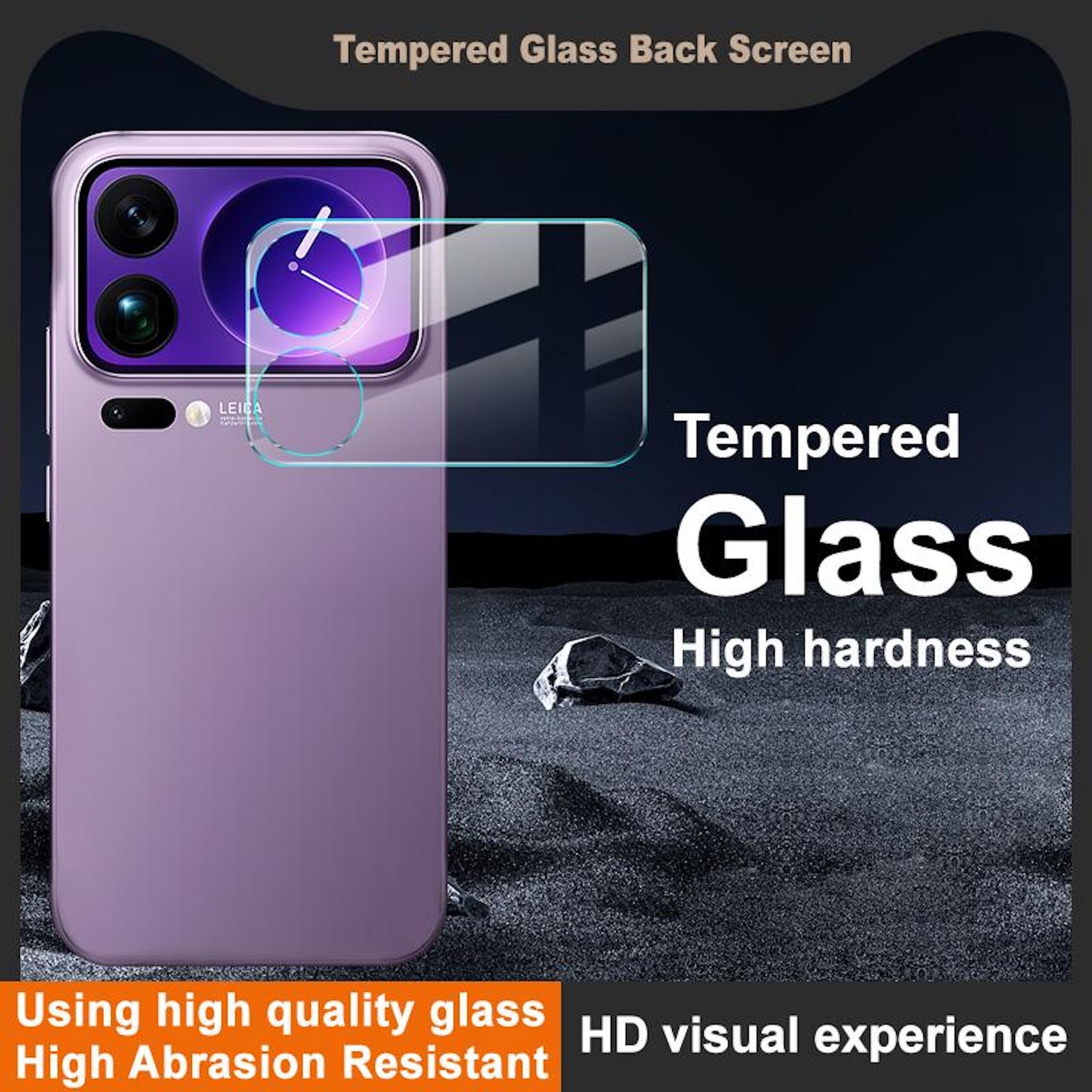 Das Bild zeigt eine Handyhülle mit einem Displayschutz aus gehärtetem Glas. Es hebt Eigenschaften wie hohe Abriebfestigkeit und HD-Seherlebnis hervor.