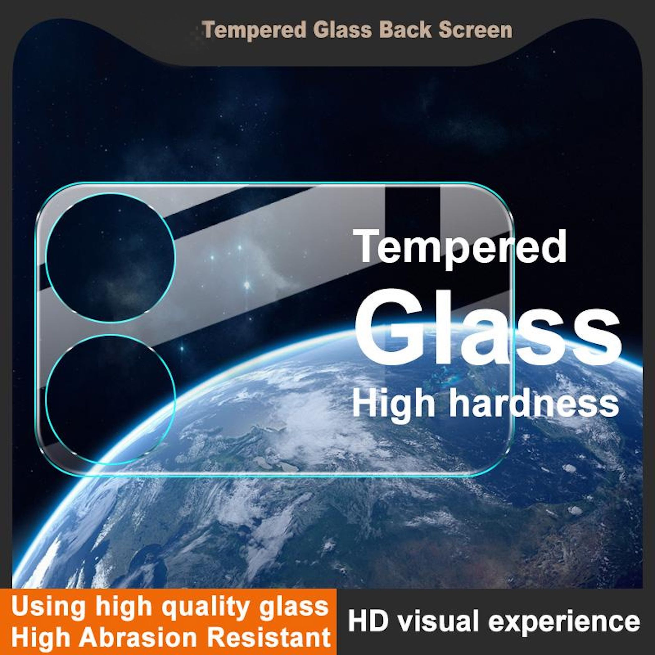 Ein Displayschutz mit der Erde im Hintergrund, beschriftet mit 'Tempered Glass'. Er verspricht hohe Qualität und Abriebfestigkeit.