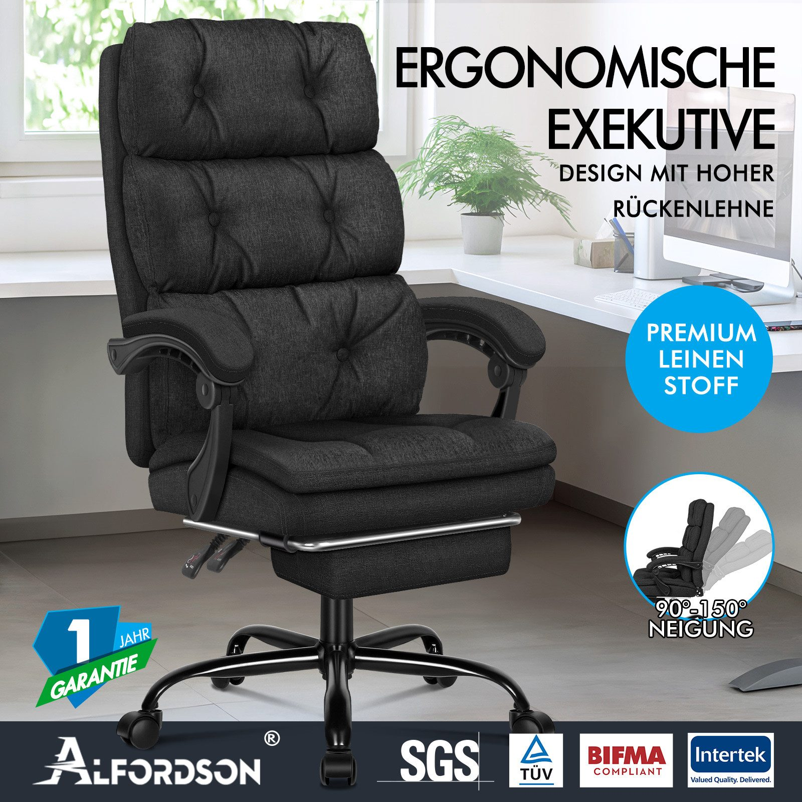 Ein schwarzer ergonomischer Bürostuhl mit hoher Rückenlehne, Armlehnen und einem Fünf-Sterne-Fuß. Er ist aus Leinen gefertigt.