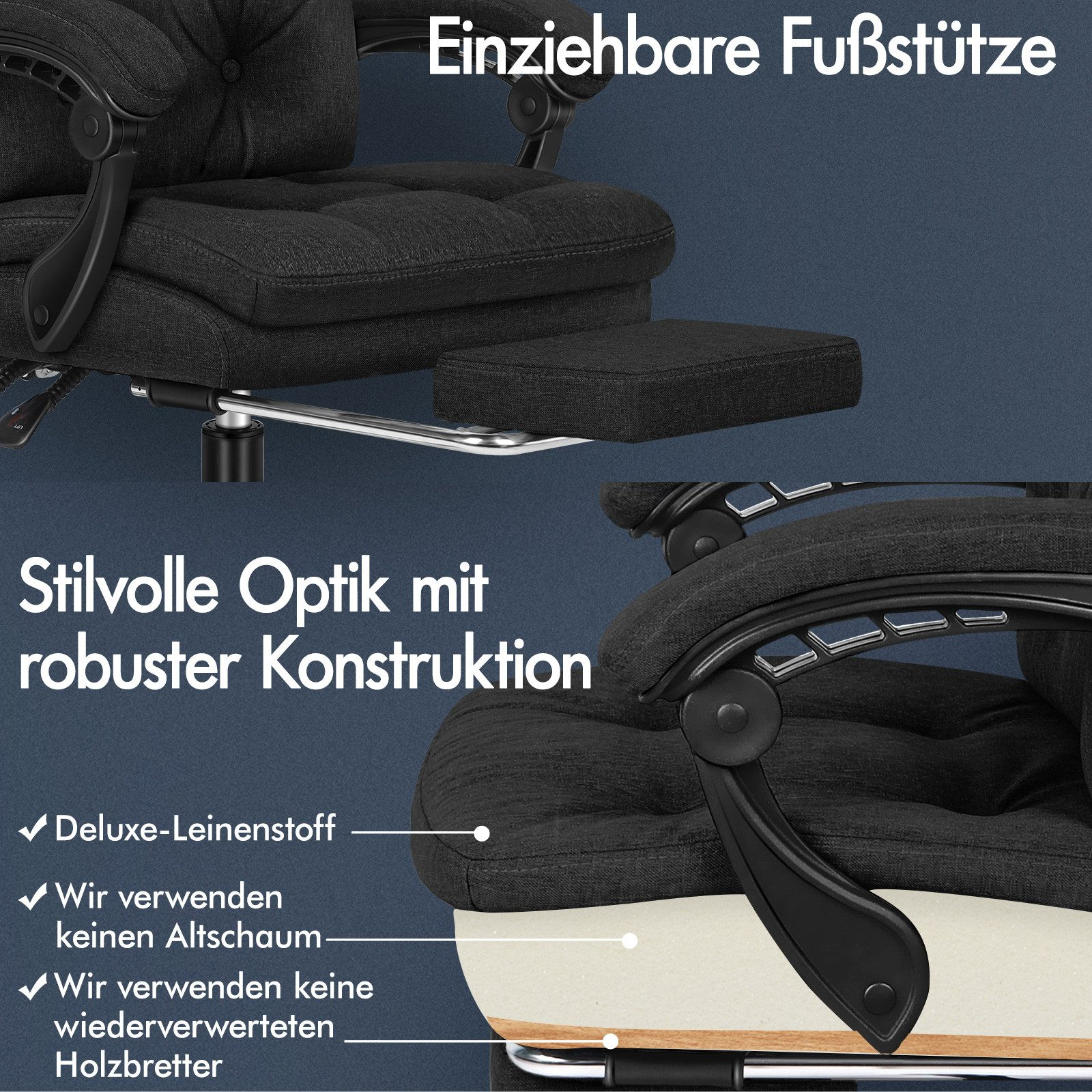 Schwarzer Bürostuhl mit Fußstütze. Text erwähnt Leinenstoff und robuste Konstruktion.