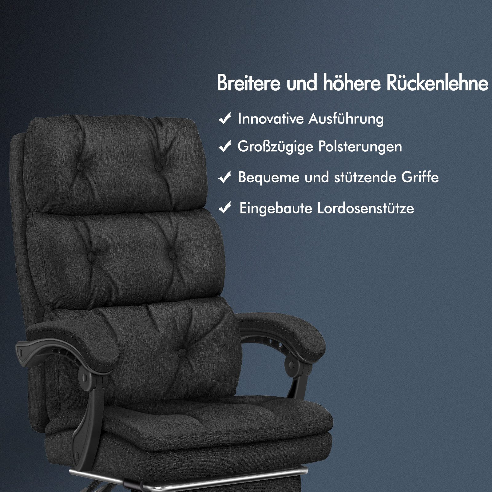 Ein dunkelgrauer Bürostuhl mit hohem Rücken, gepolstertem Sitz und Armlehnen vor einem dunkelblauen Hintergrund mit Text.