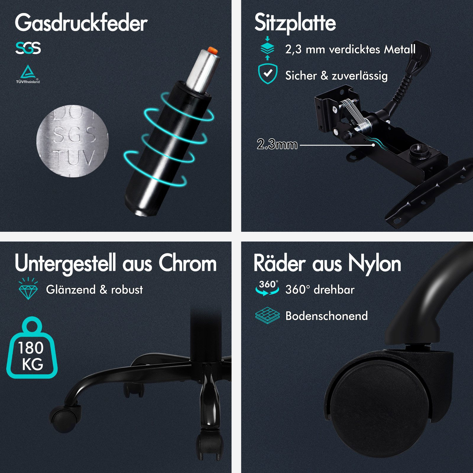 Das Bild zeigt Stuhlteile: Gasfeder, Sitzplatte, Chromgestell und Nylonrollen. Textbeschriftungen geben Details an.