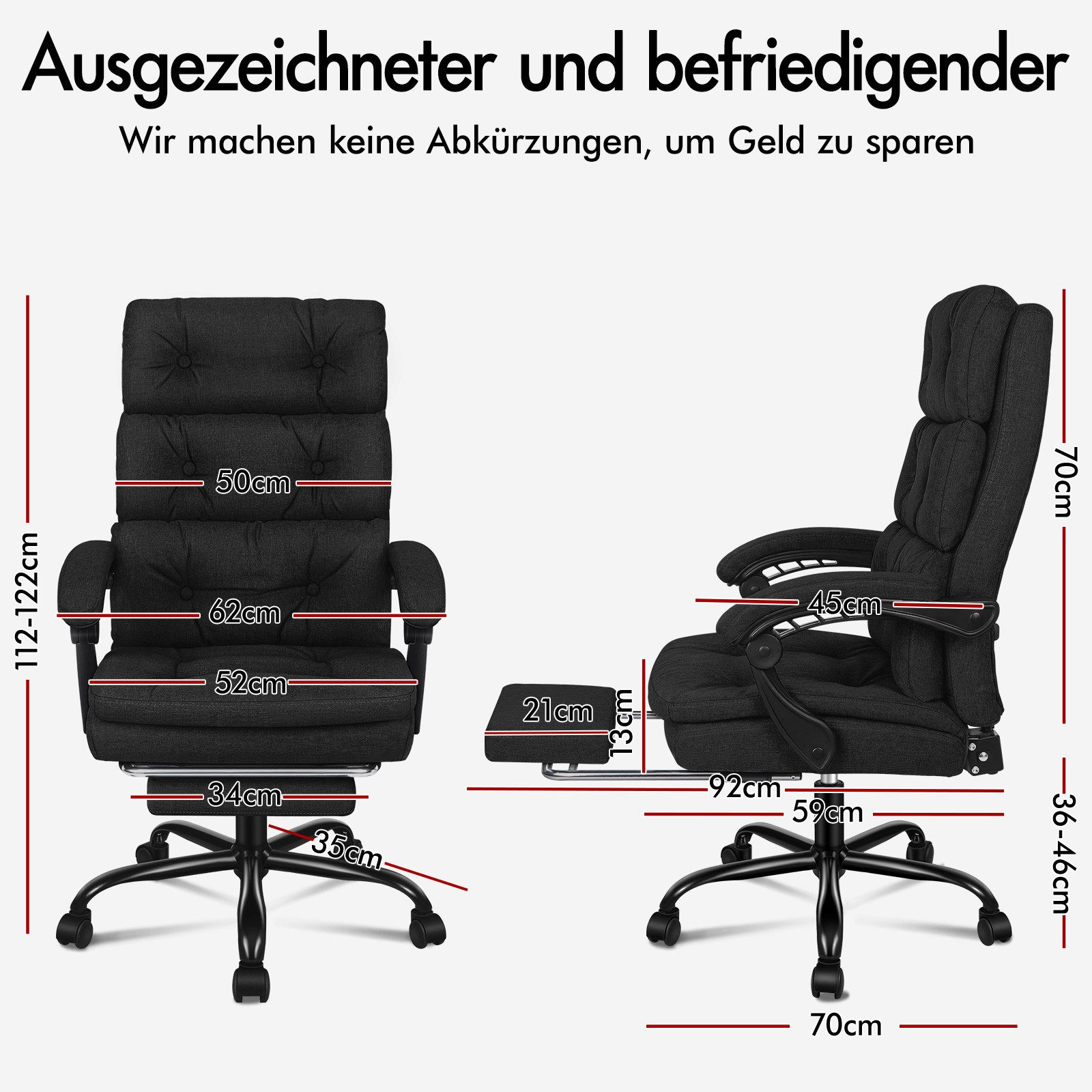 Das Bild zeigt einen Bürostuhl mit Abmessungen in cm. Er hat eine schwarze Farbe und die Abmessungen sind beschriftet.