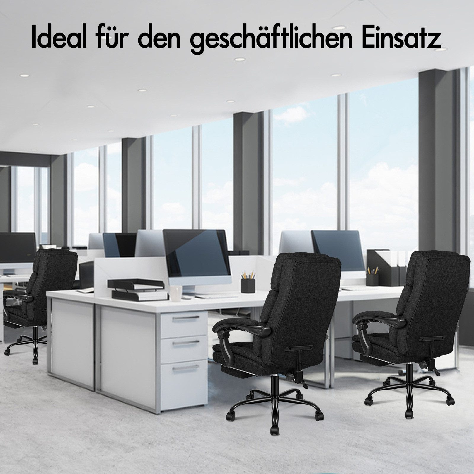 Büro mit Schreibtischen, Computern und schwarzen Stühlen. Große Fenster zeigen blauen Himmel. Text: Ideal für den geschäftlichen Einsatz.