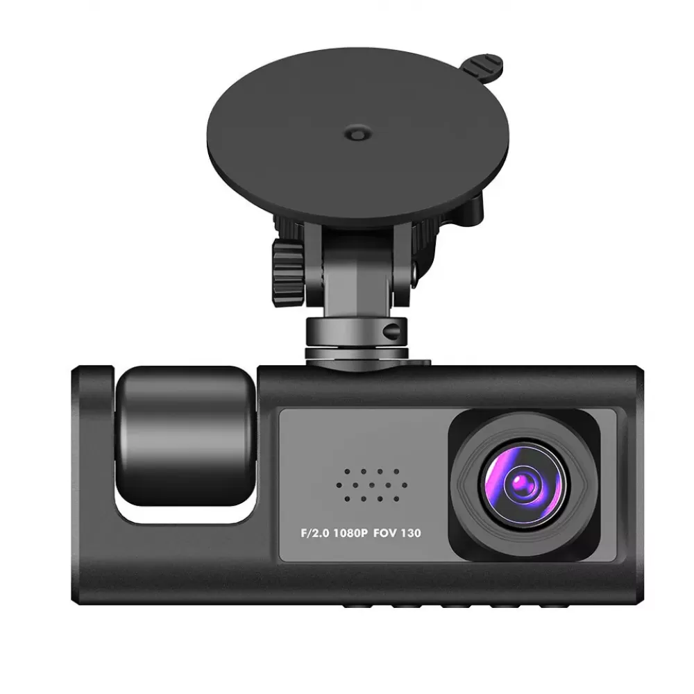 Eine schwarze Dashcam mit Saugnapf. Es hat ein Objektiv und ein Display mit dem Text F/2.0 1080P FOV 130. Der Hintergrund ist weiß.