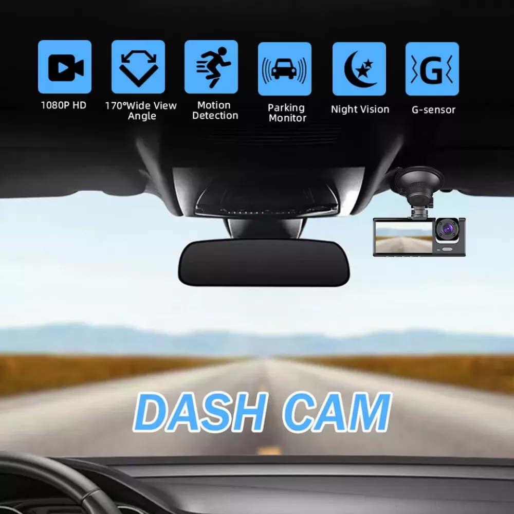 Eine Dashcam in einem Auto. Zu den Funktionen gehören 1080P HD, Weitwinkel, Bewegungserkennung, Parkmonitor, Nachtsicht und G-Sensor.