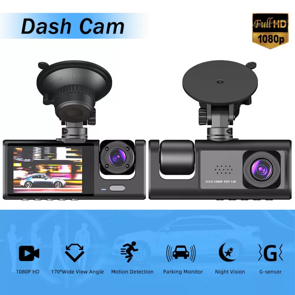 Das Bild zeigt eine Dashcam mit Funktionen wie 1080P HD, 170° Weitwinkel, Bewegungserkennung, Parkmonitor, Nachtsicht und G-Sensor.