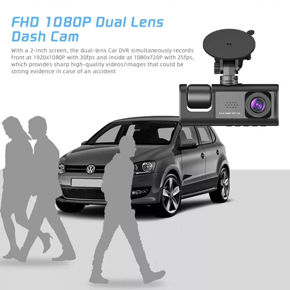 Eine Auto-Dashcam, ein graues Auto und Silhouetten von Menschen, die gehen. Die Dashcam ist schwarz und an der Windschutzscheibe befestigt.