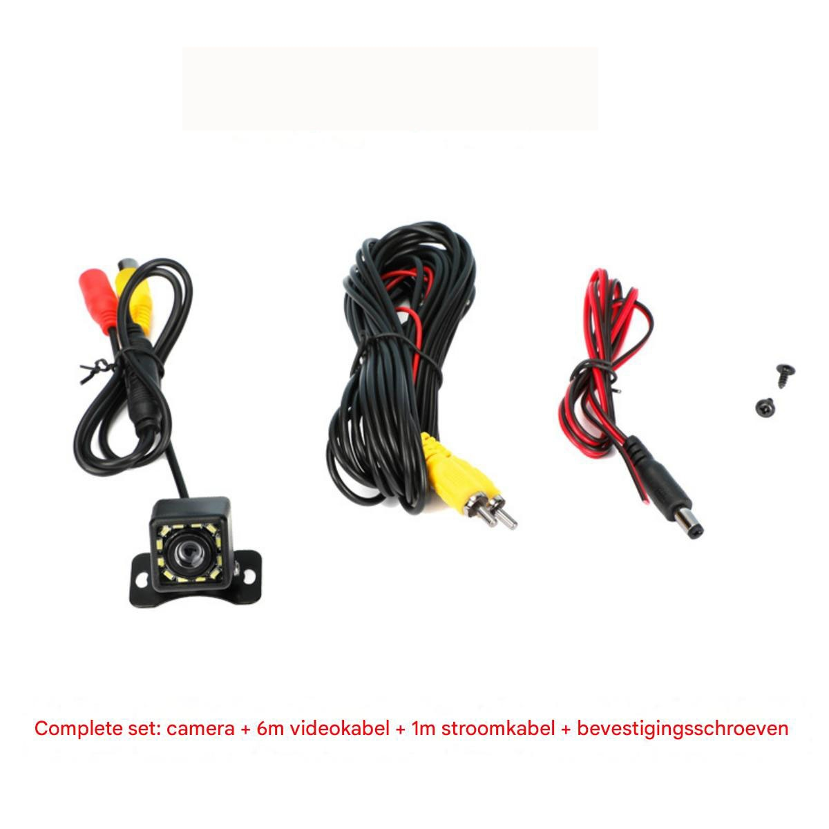 Ein komplettes Set beinhaltet Kamera, Videokabel, Netzkabel und Schrauben. Kabel sind schwarz und rot, Stecker gelb und rot.