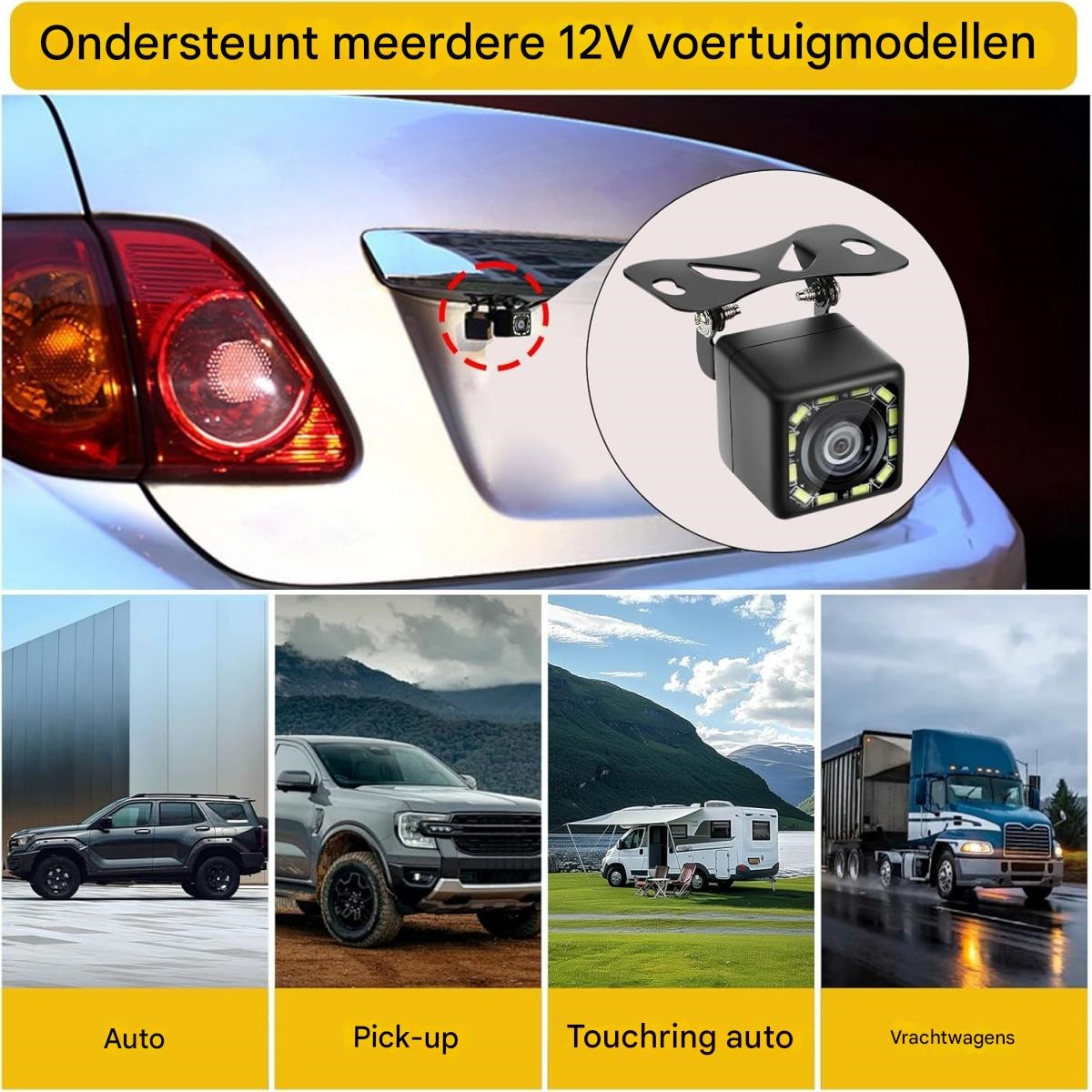Gezeigt wird eine Rückfahrkamera, darunter Bilder verschiedener Fahrzeuge. Der Text oben lautet: Unterstützt mehrere 12V-Fahrzeugmodelle.