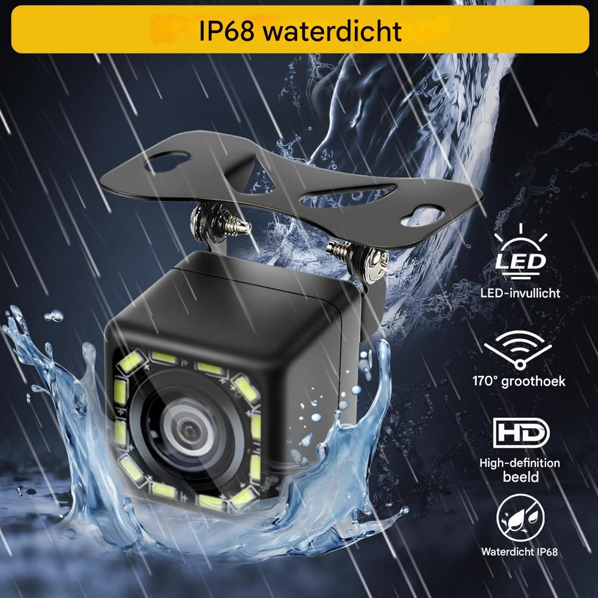 Eine schwarze, wasserdichte Kamera mit LED-Leuchten. Sie ist montiert und mit Wasser bespritzt, mit Symbolen, die ihre Eigenschaften zeigen.
