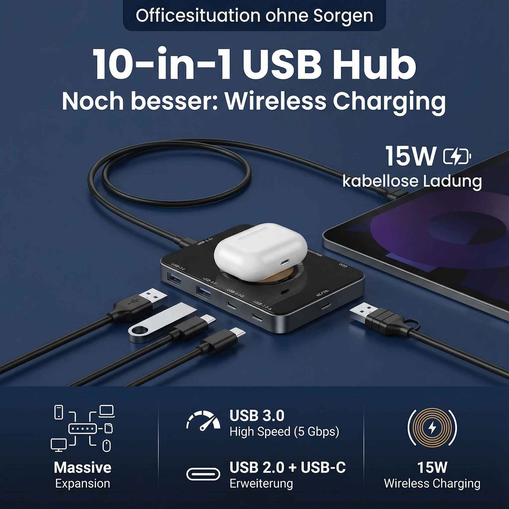 Ein USB-Hub mit kabellosem Laden. Ein weißes Ohrhörer-Etui liegt oben. Kabel sind mit Geräten verbunden.