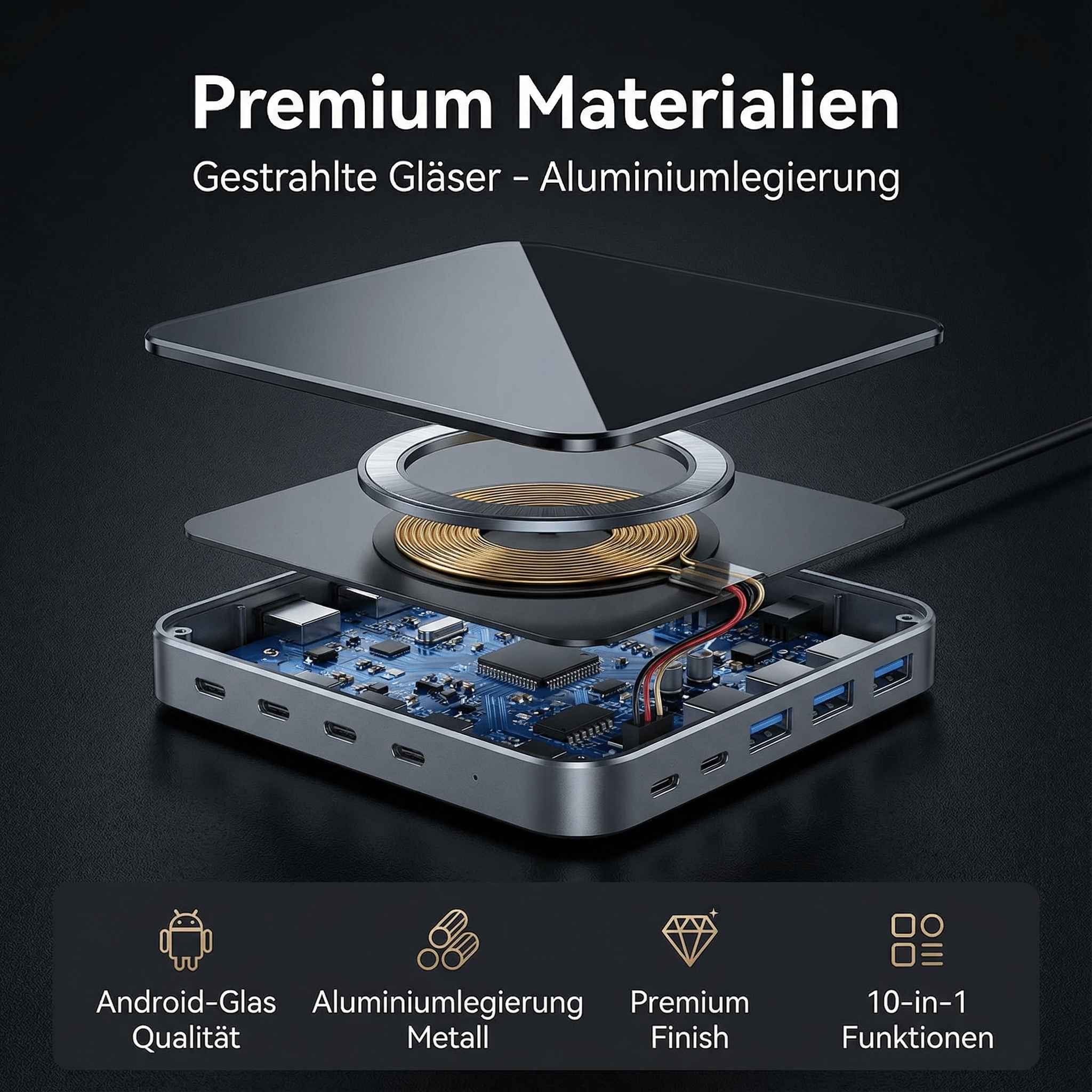 Ein zerlegtes kabelloses Ladegerät mit internen Komponenten. Text auf Deutsch: Premium-Materialien.