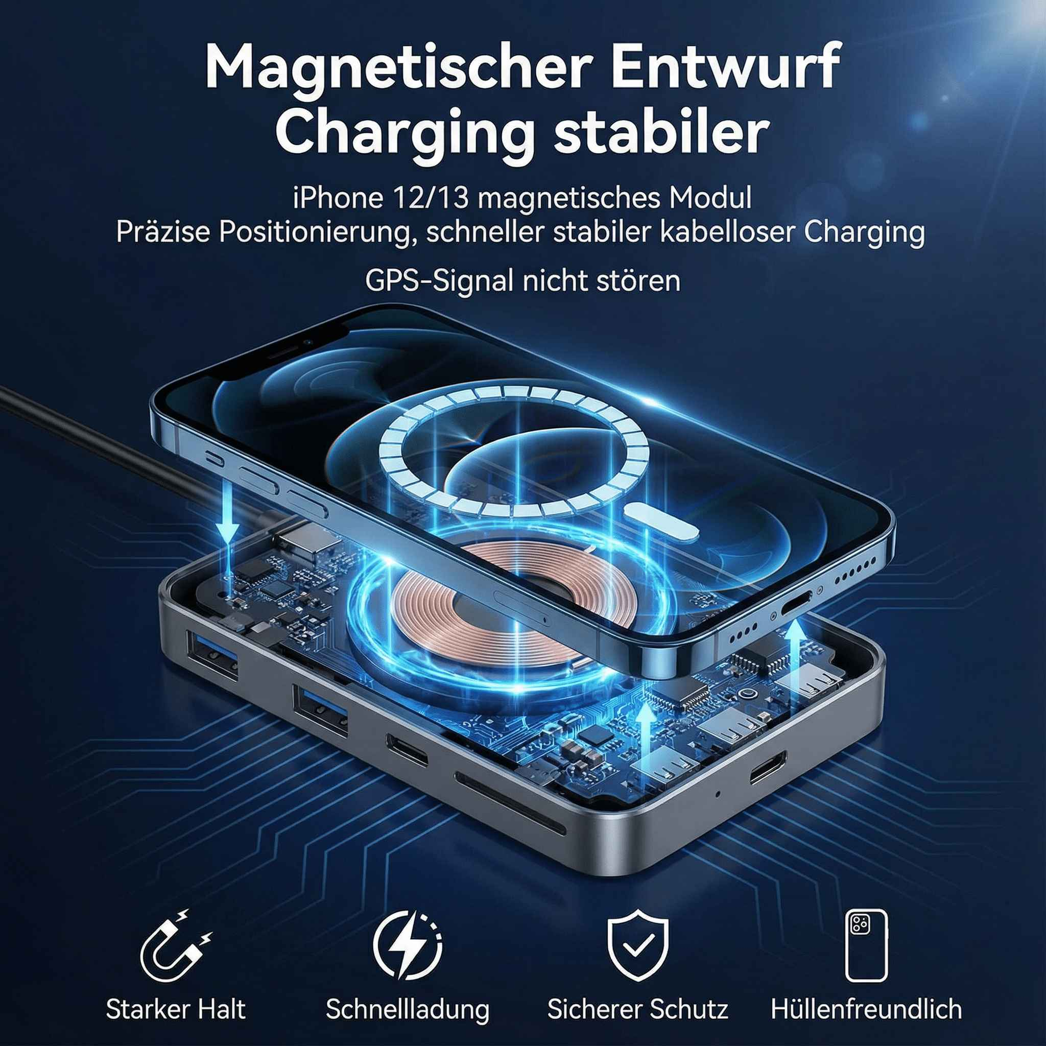 Magnetische Ladestation für iPhone 12/13. Das Telefon liegt auf dem Ladepad. Text: Magnetisches Laden, starker Halt.
