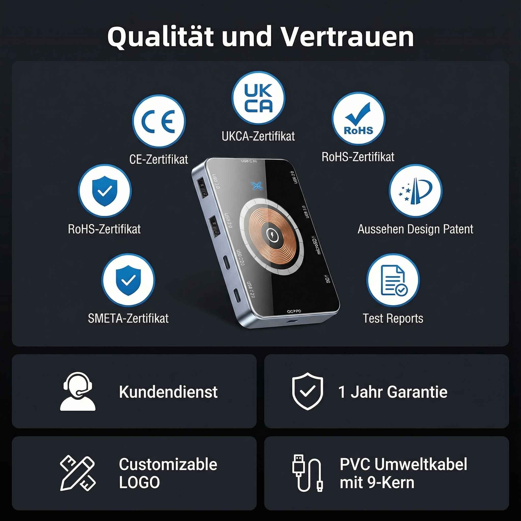 Das Bild zeigt eine Powerbank mit Zertifizierungslogos. Text enthält 'Qualität und Vertrauen' und Produktspezifikationen.