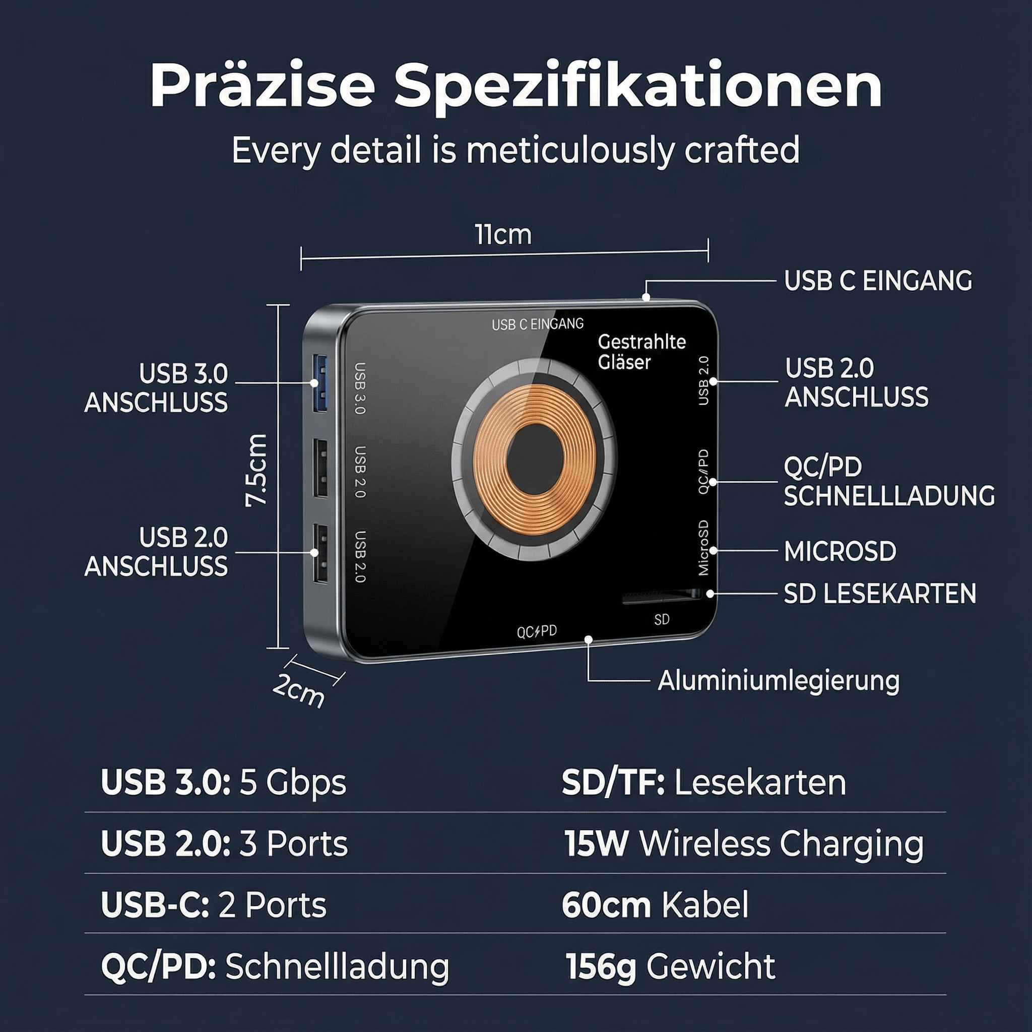 Ein Produktdiagramm mit Spezifikationen für ein Ladegerät. Es verfügt über USB-Anschlüsse, kabelloses Laden und Kartenleser.