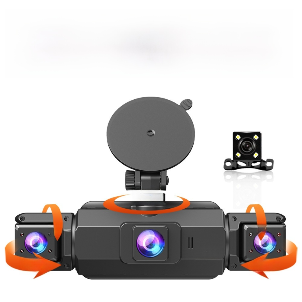 Ein Auto-Dashcam-System mit einer Zentraleinheit und zwei Seitenkameras, mit orangefarbenen Pfeilen, die ihre Drehung anzeigen. Eine Rückfahrkamera ist ebenfalls vorhanden.