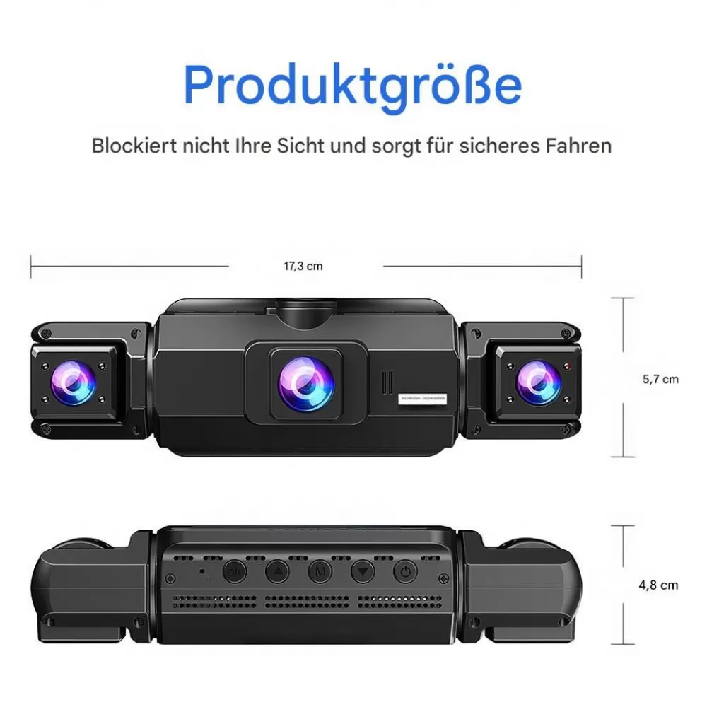 Schwarze Auto-Dashcam mit drei Objektiven, Produktgröße beschriftet. Abmessungen: 17,3 cm lang, 5,7 cm hoch und 4,8 cm dick.