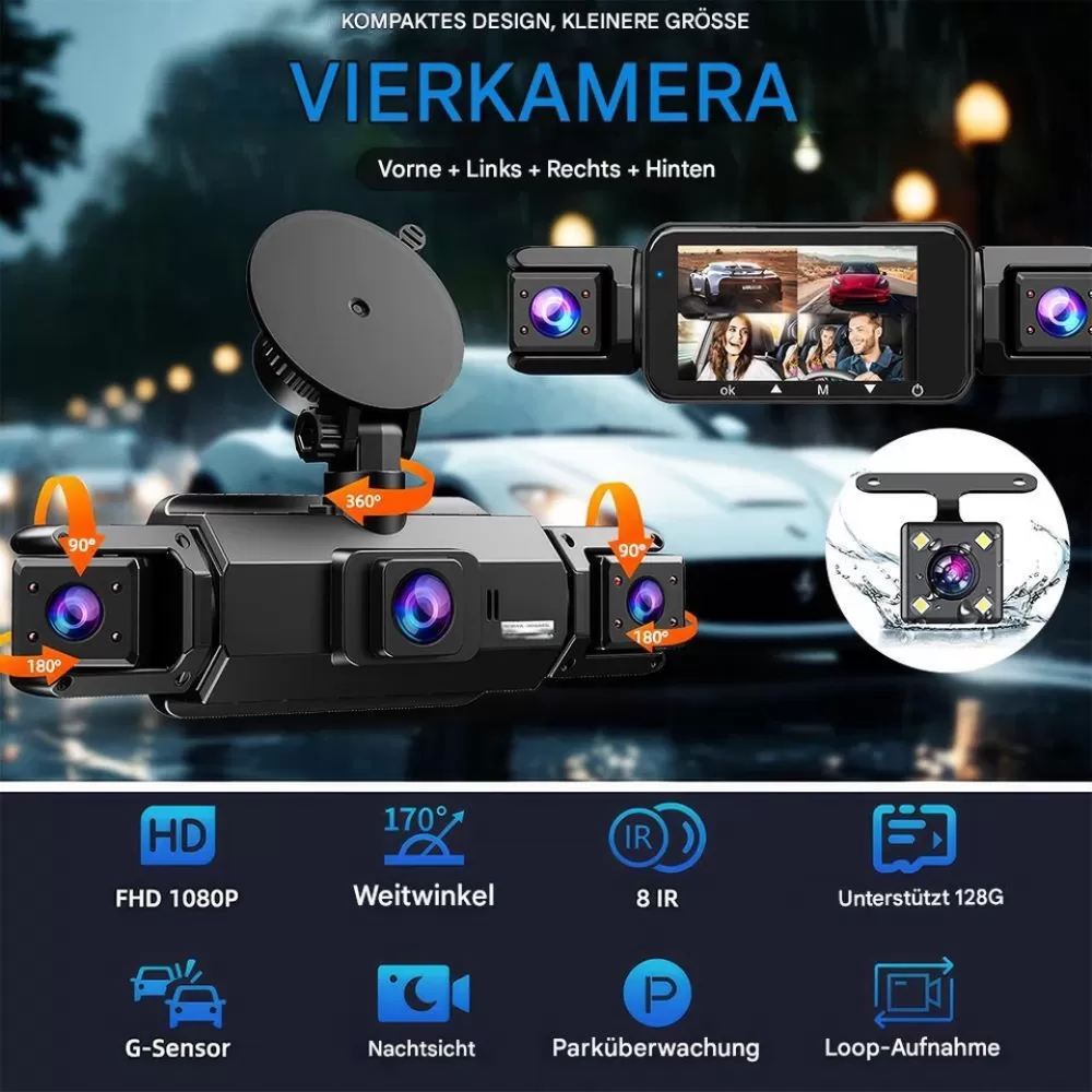 Ein schwarzes Dashcam-System mit vier Kameras und einem Monitor. Zu den Funktionen gehören Weitwinkel, Nachtsicht und Parküberwachung.