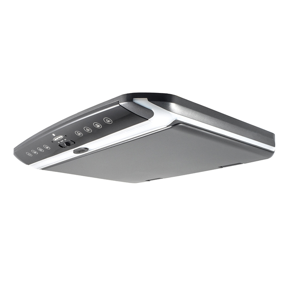 Ein grauer Auto-DVD-Player mit Knöpfen und einem Schalter. Er hat einen weißen Lichtstreifen und einen schwarzen Oberteil.