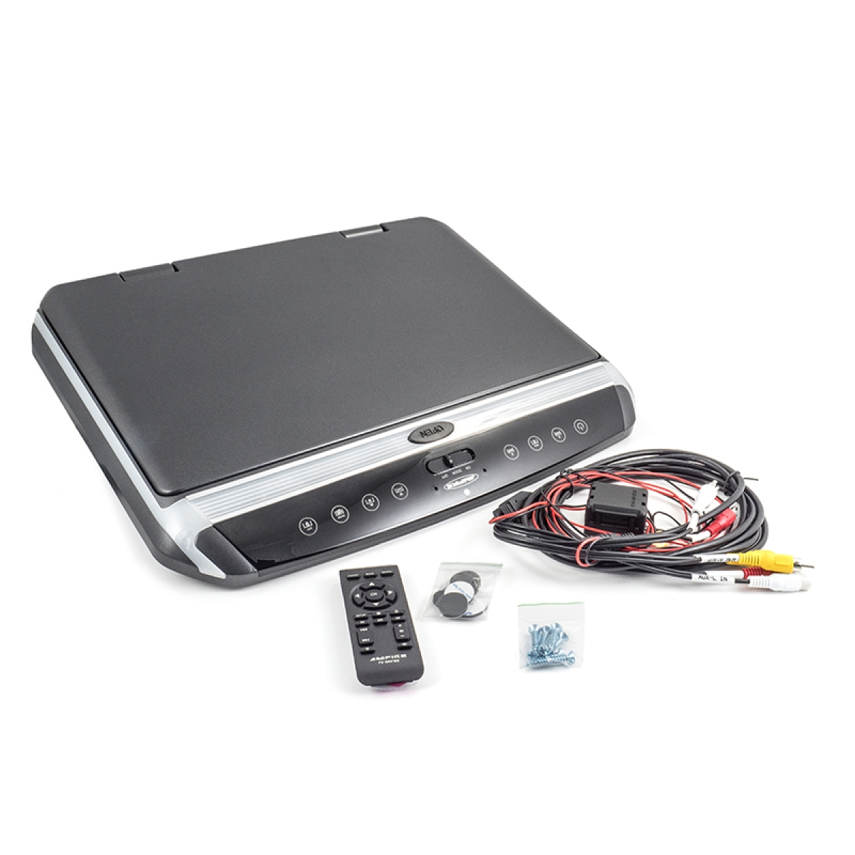 Ein schwarzes Auto-Entertainment-System mit Fernbedienung, Kabeln und Zubehör auf weißem Untergrund.