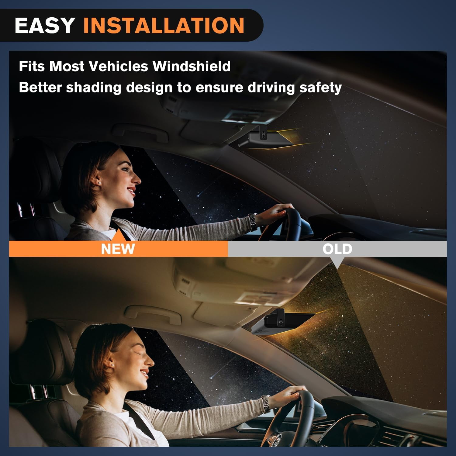 Eine Frau fährt Auto. Das Bild vergleicht die alte und neue Windschutzscheibenverdunkelung. Das neue Design verbessert die Fahrsicherheit.