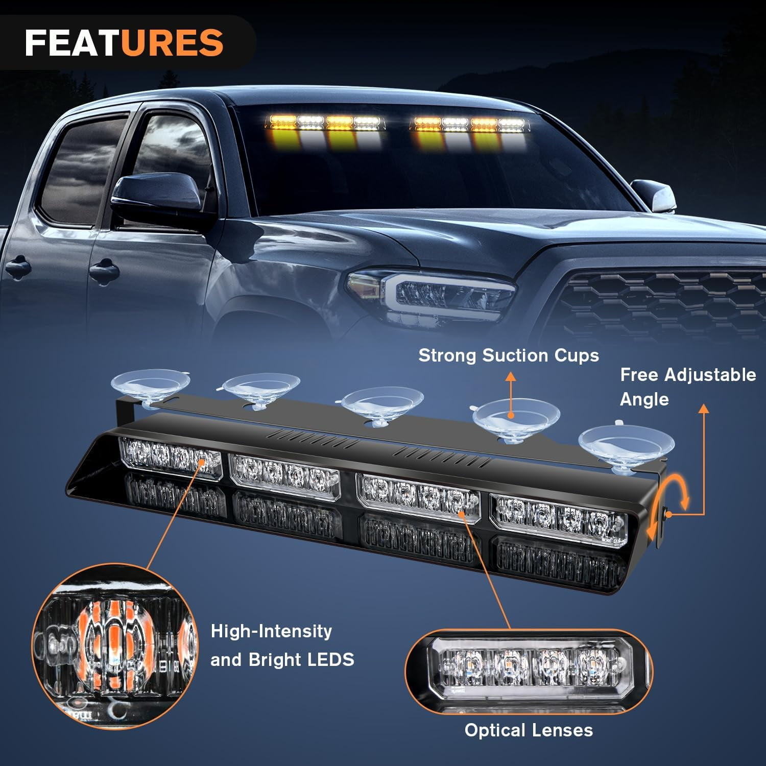 Ein Auto mit einer Lichtleiste. Die Lichtleiste hat helle LEDs und optische Linsen. Sie wird mit Saugnäpfen befestigt.