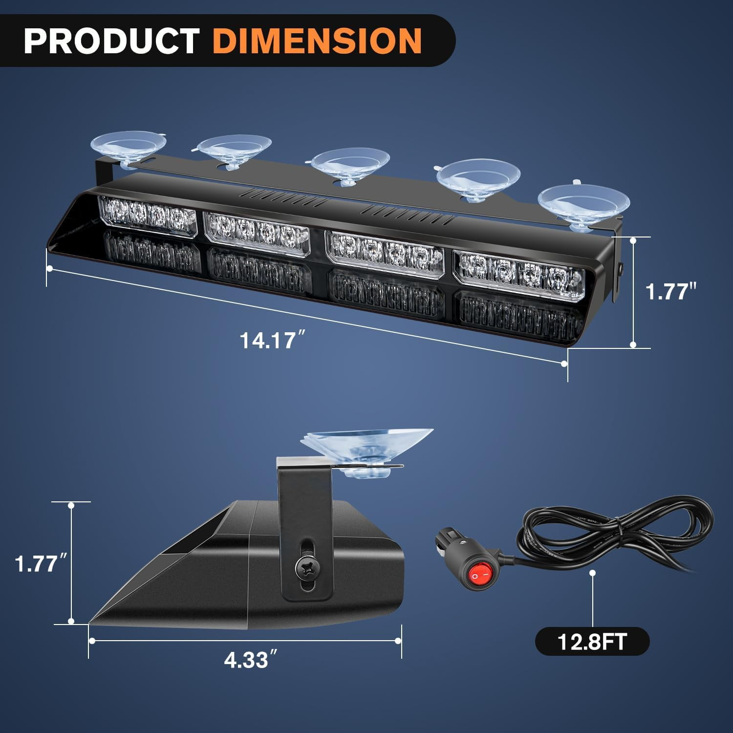 Produktdiagramm. Schwarze Lichtleiste mit Saugnäpfen, Abmessungen 14,17 Zoll lang und 1,77 Zoll hoch.