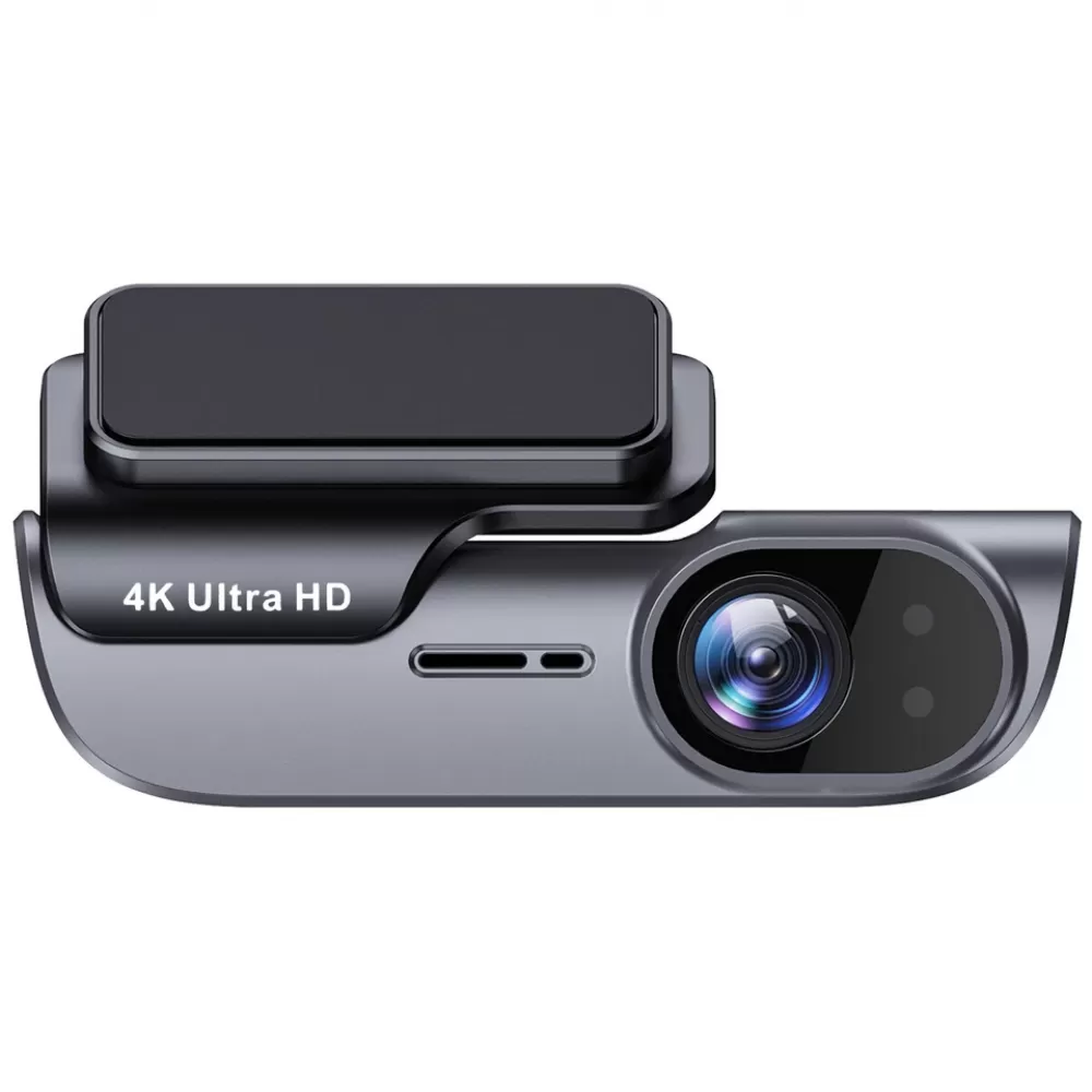 Eine graue Dashcam mit der Aufschrift '4K Ultra HD'. Sie hat ein Objektiv, zwei kleine Punkte und einen rechteckigen schwarzen Bildschirm.