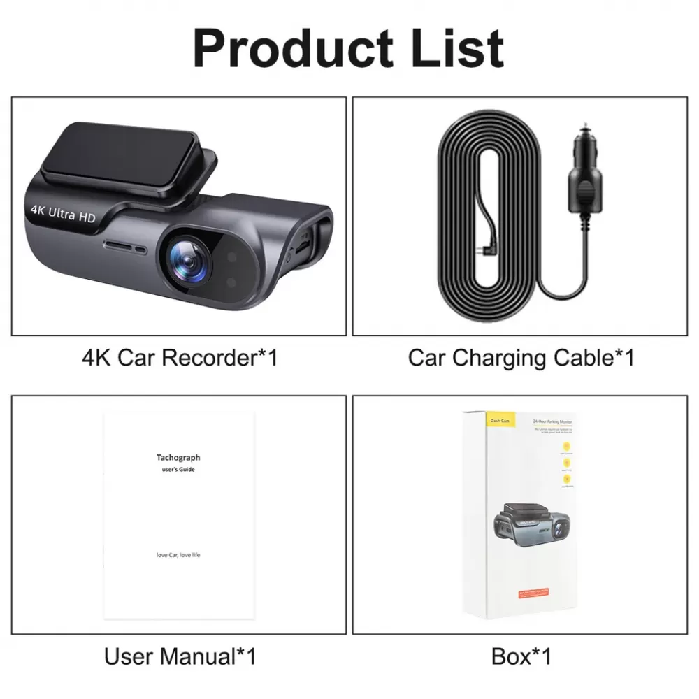 Produktliste mit 4K-Autorekorder, Ladekabel, Benutzerhandbuch und einer Box. Alle Komponenten sind für eine Auto-Dashcam.