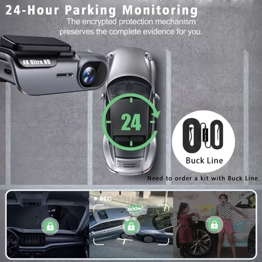 Das Bild zeigt eine Auto-Dashcam mit einem silbernen Auto. Es zeigt auch ein 24-Stunden-Symbol und ein Buck-Line-Kabel. Der Boden zeigt Beispielbilder.