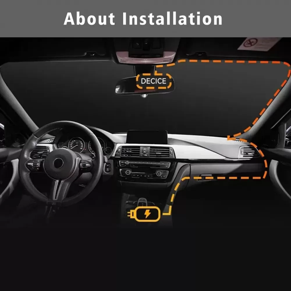 Autoinnenraum mit Armaturenbrett und Lenkrad. Schaltplan zeigt die Installation eines Geräts mit Batterie und Gerätename.