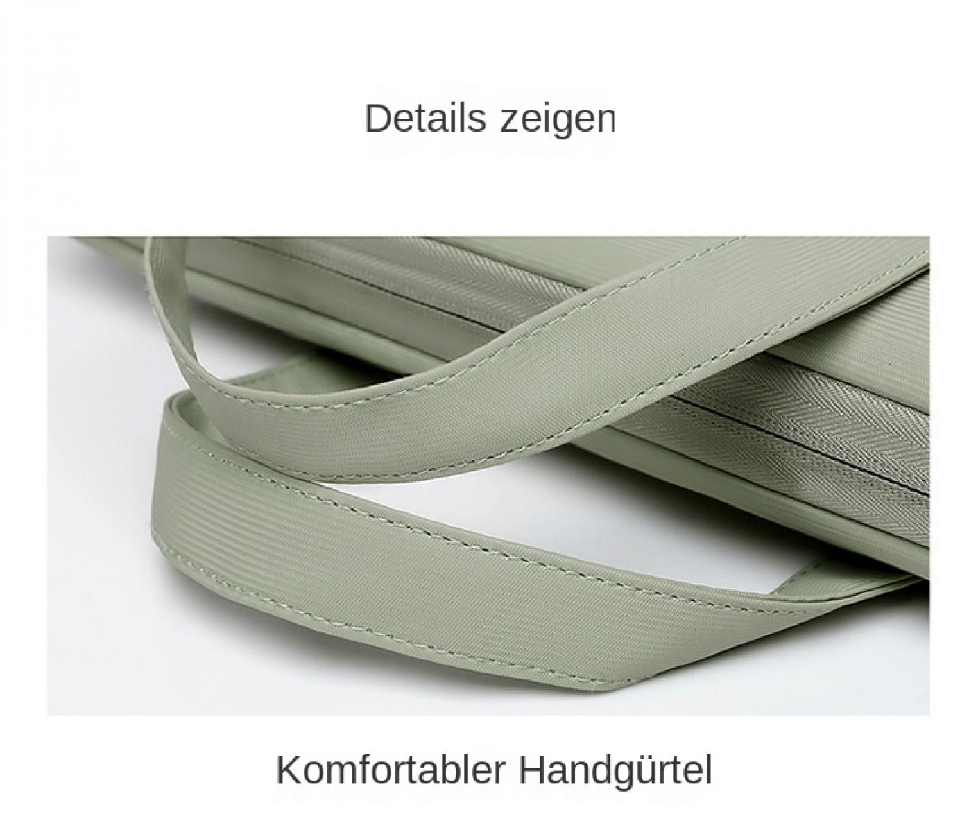 Nahaufnahme einer hellgrünen Tasche mit bequemem Griff. Text oben: 'Details zeigen', unten: 'Komfortabler Handgürtel'.