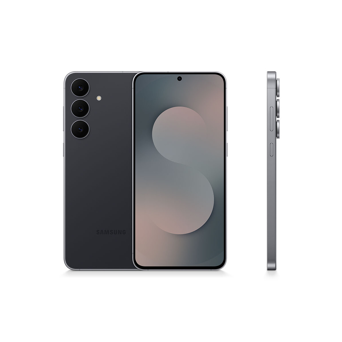 Tre viste di uno smartphone grigio scuro. Anteriore, posteriore con tre fotocamere e vista laterale. Il display mostra un design chiaro su una sfumatura.