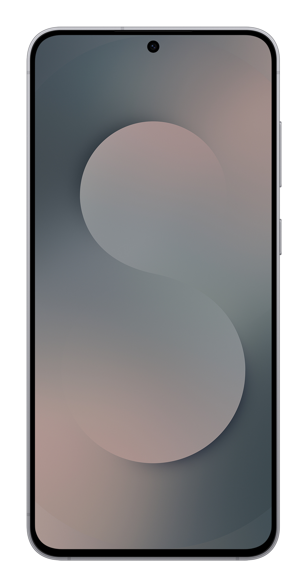 Uno smartphone con sfondo sfumato, con un design circolare. Il telefono ha una cornice argentata e una fotocamera frontale.