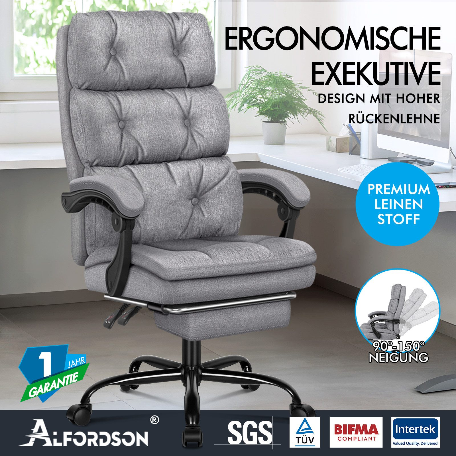 Grauer ergonomischer Chefsessel mit hoher Rückenlehne. Merkmale sind Premium-Leinenstoff und 90-150° Neigung.