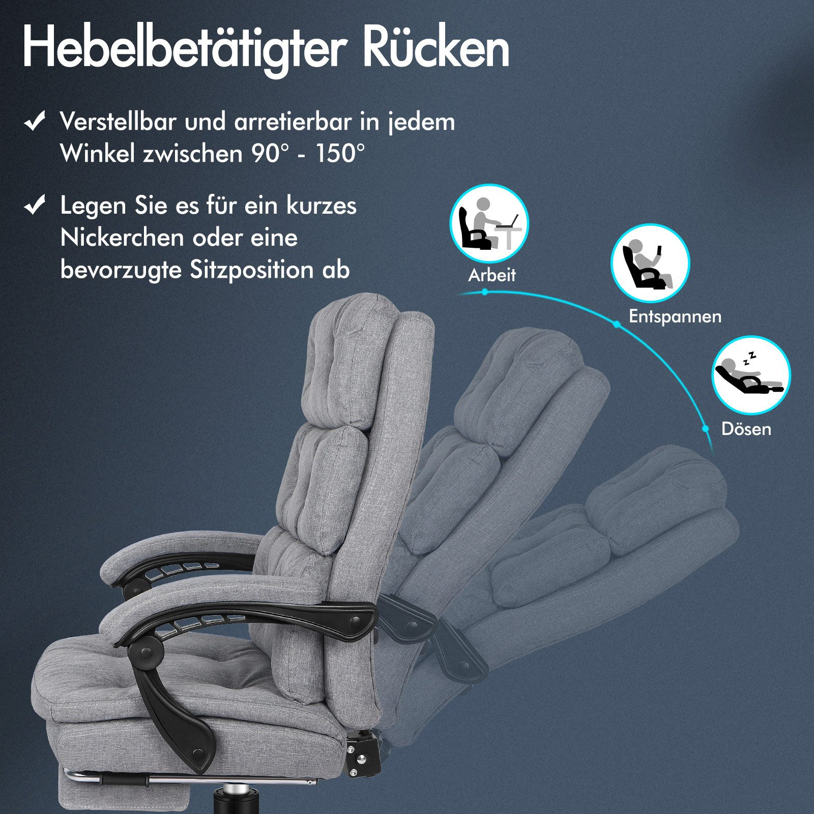 Grauer ergonomischer Bürostuhl. Text beschreibt Verstellbarkeit und Nutzung für Arbeit, Entspannung und Nickerchen.