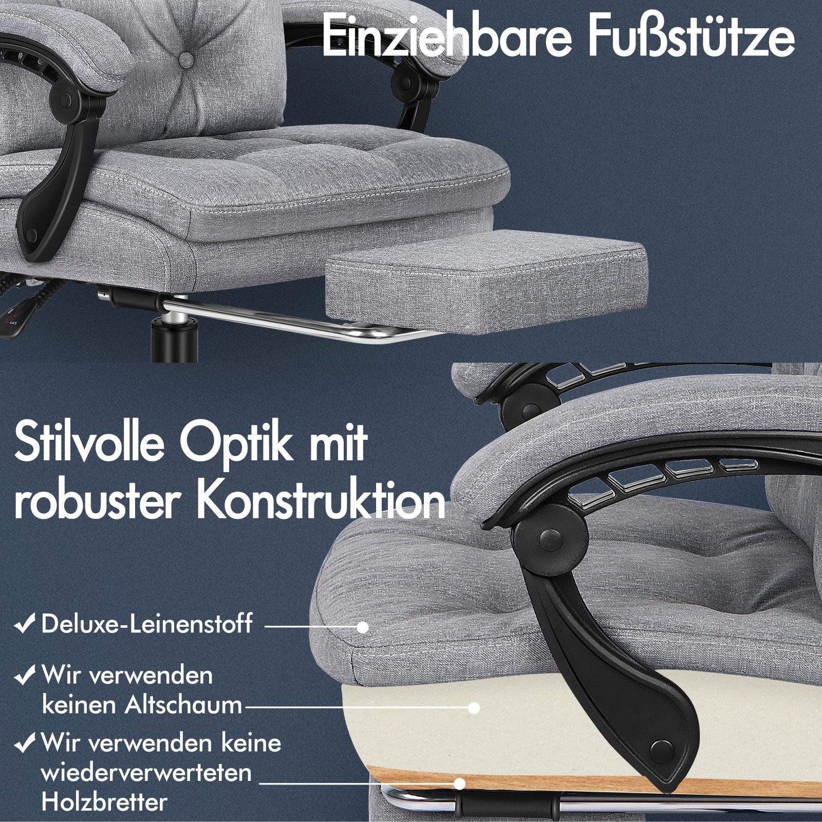 Grauer Bürostuhl mit Fußstütze. Mit Knopfleiste, schwarzen Armlehnen und Text auf Deutsch.