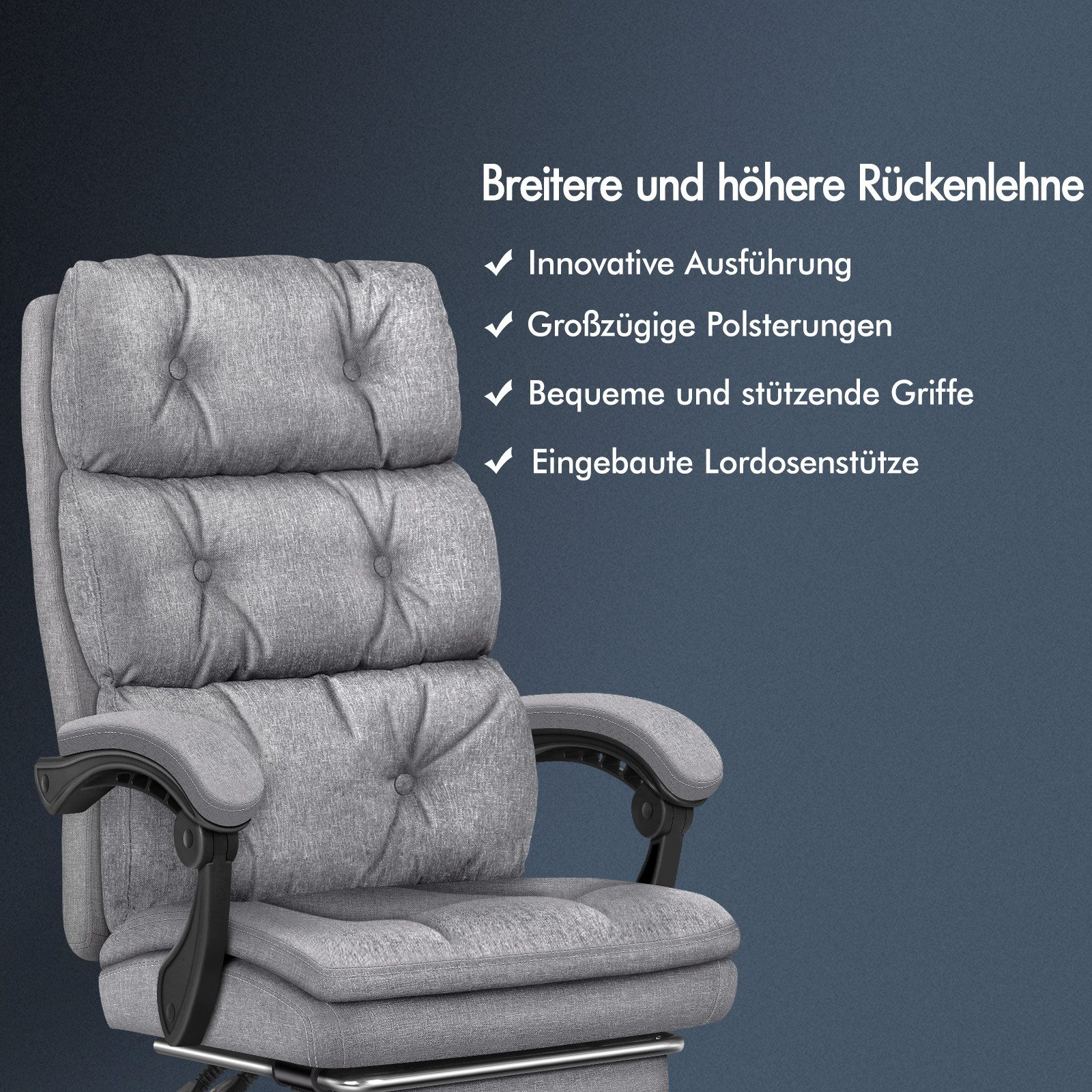 Ein grauer Bürostuhl mit gepolsterten Rücken und Armlehnen. Text listet Funktionen wie innovatives Design und Lendenwirbelstütze auf.
