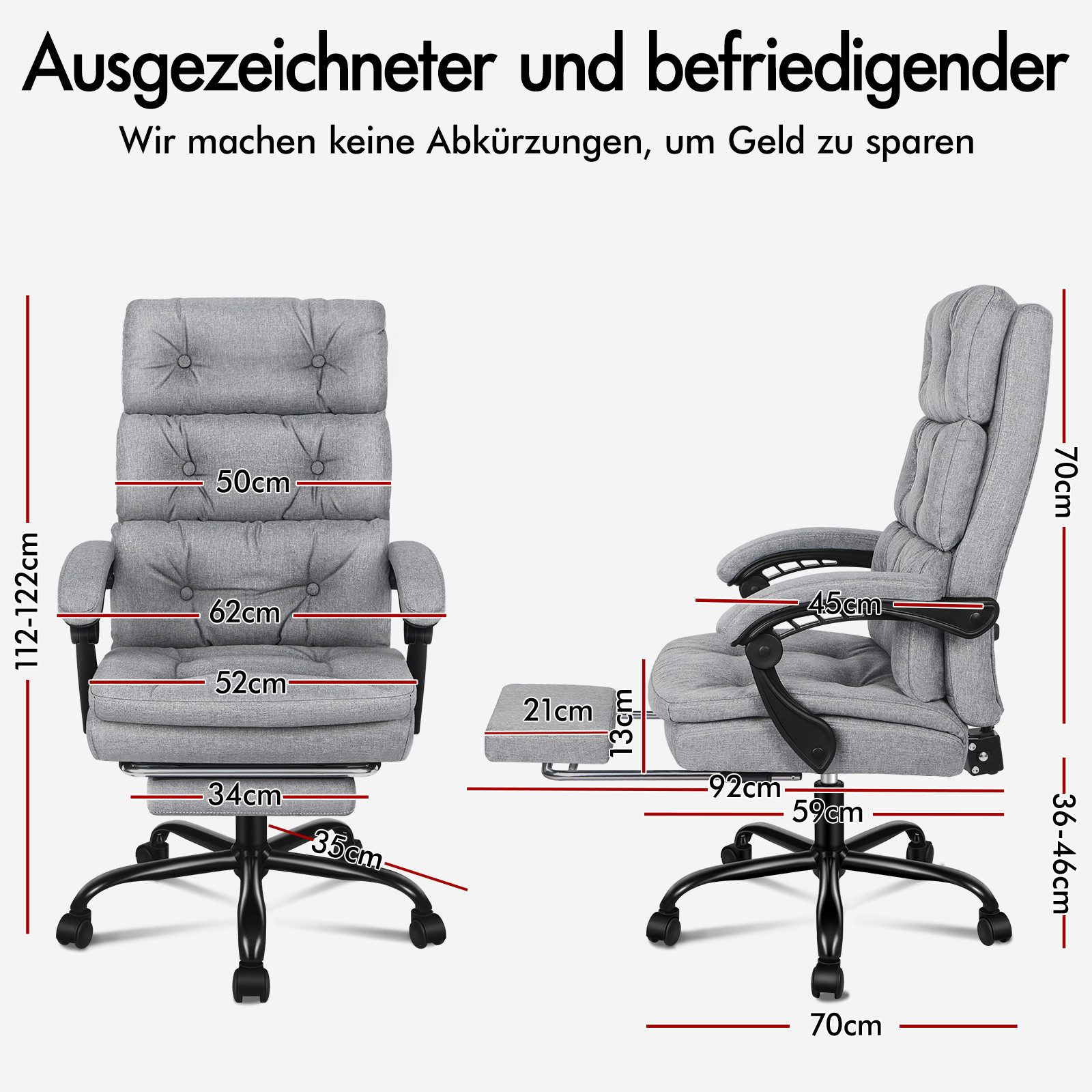 Das Bild zeigt einen grauen Bürostuhl mit Maßen. Der Text ist auf Deutsch.