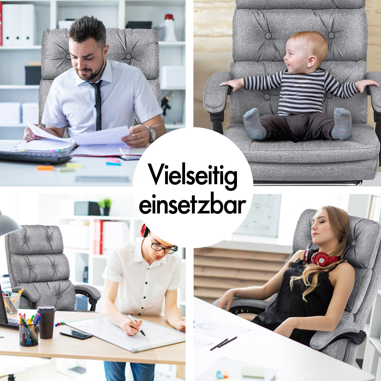 Das Bild zeigt verschiedene Personen, die graue Bürostühle benutzen. Ein Baby, ein Mann liest, ein Mann schreibt und eine Frau entspannt sich darin.