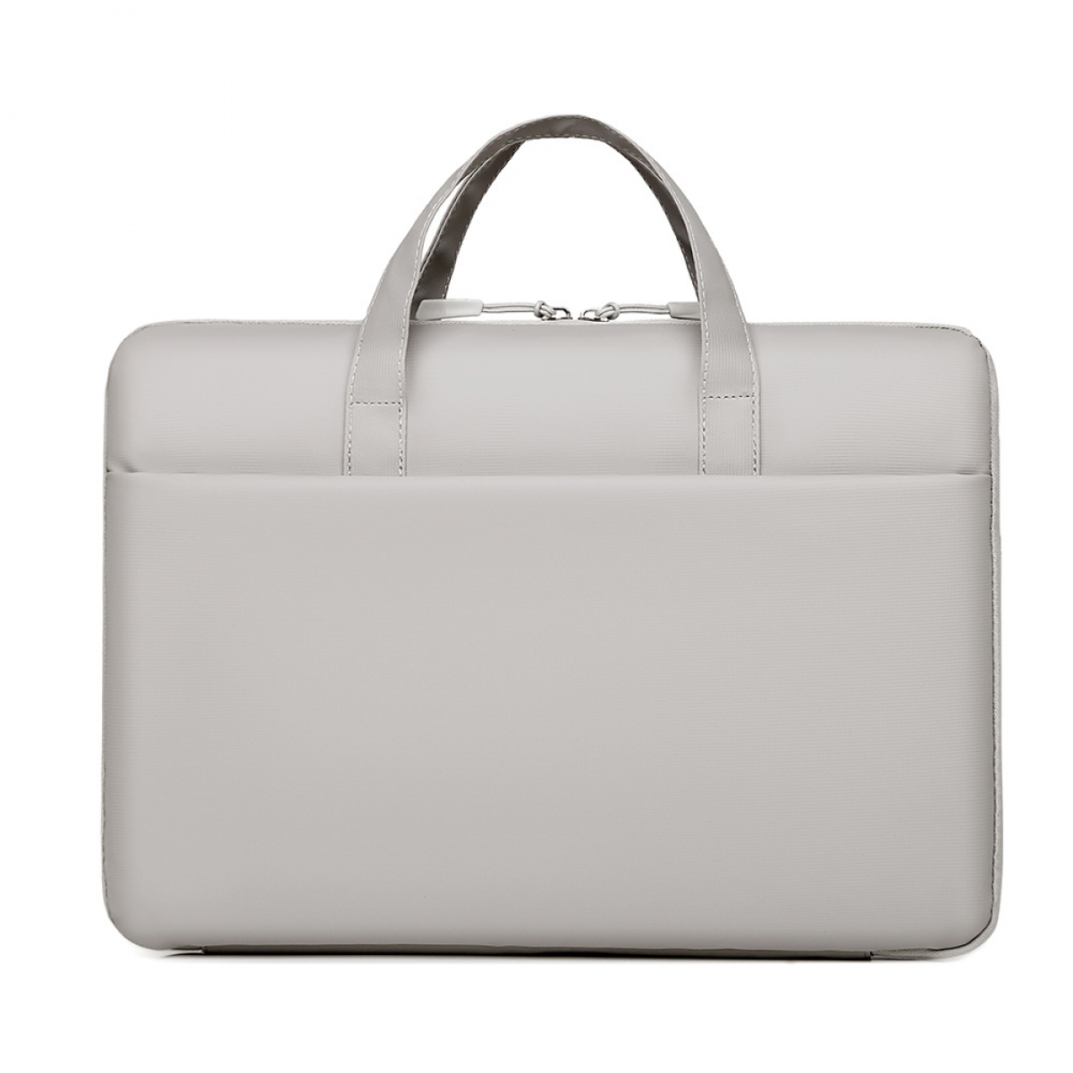 Eine graue Laptoptasche mit Griffen, einer Vordertasche und einem Reißverschluss. Sie befindet sich auf weißem Hintergrund.