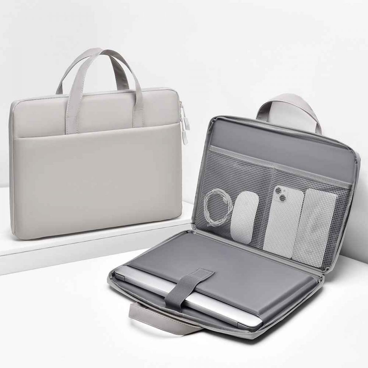 Zwei graue Laptoptaschen. Eine geschlossen, eine offen mit Laptop, Maus, Telefon und Kabel.