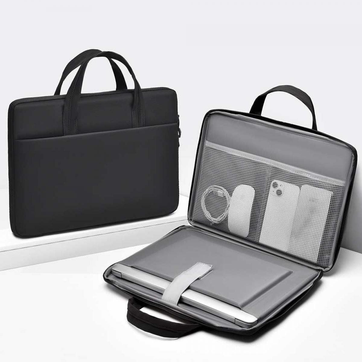 Zwei schwarze Laptoptaschen, eine geschlossen, die andere offen, mit Laptop, Ladegerät und Zubehör.